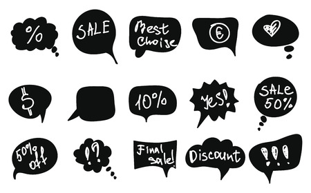 black vector speech bubbles with text on white backgroundのイラスト素材