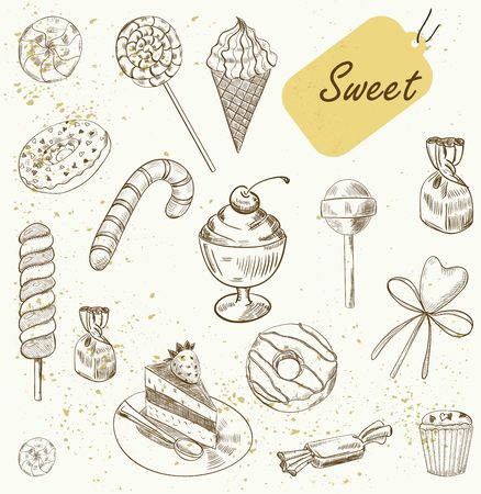 Collection Hand drawn of various beautiful desserts. Sketch Vector illustration.のイラスト素材