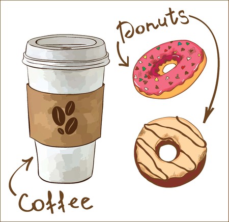 Cartoon coffee and donuts vector setのイラスト素材