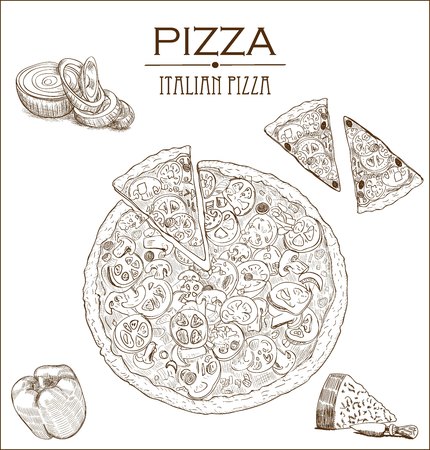 Collection of vector sketch pizza with bell pepper, tomato, onion and olives.のイラスト素材