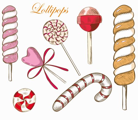 Candy set. Swirl caramel. Sweet lollipop.のイラスト素材
