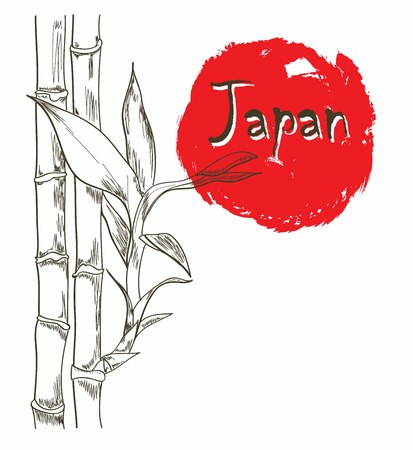 Bamboo vector sketch with Japan and red sunのイラスト素材