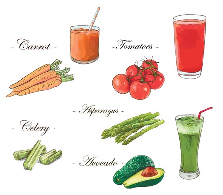 Fresh juices vector set of carrot, tomato, celery, asparagus and avocado.のイラスト素材