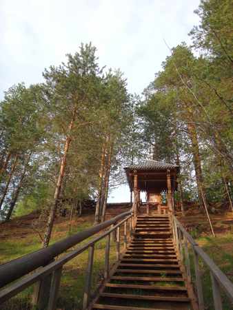Steps in the park in sunny summer dayの写真素材