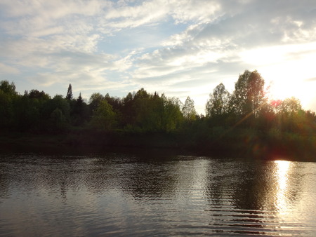 Sunset and lake in the springの写真素材