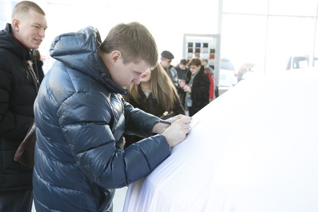 Kirov, Russia, February 14, 2016 - Presentation of New Russian car Lada XRAYのeditorial素材