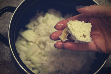 Ingredients and one of the steps for cooking zrazy with meat, rice, onion, bread