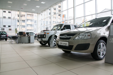 Russia, Kirov - October 10, 2016: Showroom of dealership of car factory AVTOVAZ in Kirov city in 2016のeditorial素材