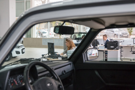 Russia, Kirov - October 10, 2016: Showroom of dealership of car factory AVTOVAZ in Kirov city in 2016のeditorial素材