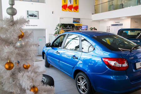 Russia, Kirov - December 05, 2016: Showroom and car Lada of dealership Gusar of factory Avtovaz in Kirov city in 2016のeditorial素材