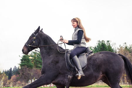 Girl and horse in an autumn dayの写真素材