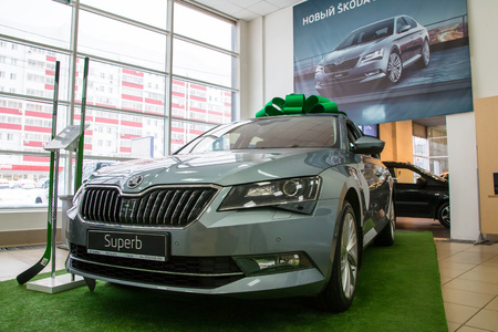Russia, Kirov - December 06, 2016: Showroom and car of dealership Skoda in Kirov city in 2016のeditorial素材