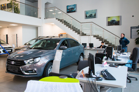 Russia, Kirov - December 05, 2016: Showroom and car Lada of dealership Gusar of factory Avtovaz in...