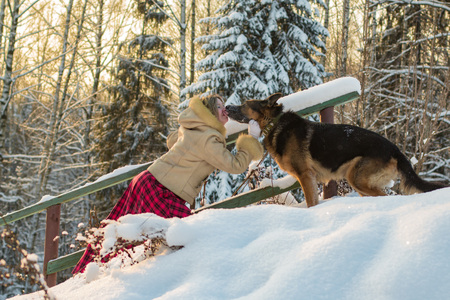 Woman in the forest in a sunny winter dayの写真素材
