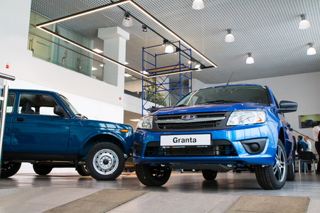Russia, Kirov - December 05, 2016: Showroom and car Lada of dealership Gusar of factory Avtovaz in...