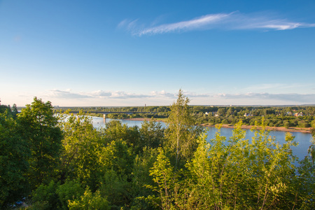 Beautiful river view through the trees from a high place in a summer day
