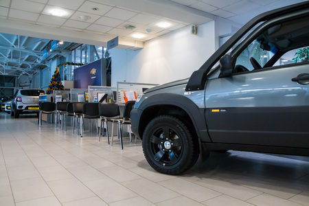 Russia, Kirov - December 06, 2016: Showroom of dealership Chevroled named Souz and car in it in...