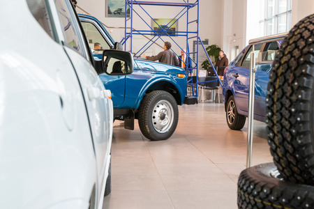 Russia, Kirov - December 05, 2016: Showroom and car Lada of dealership Gusar of factory Avtovaz in...