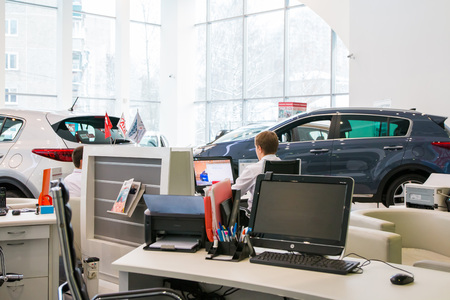 Russia, Kirov - December 05, 2016: Showroom and car KIA of dealership KIA-Zentr Kirov in Kirov city in 2016のeditorial素材