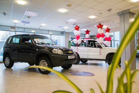 Russia, Kirov - December 06, 2016: Showroom of dealership Chevroled named Souz and car in it in Kirov city in 2016のeditorial素材