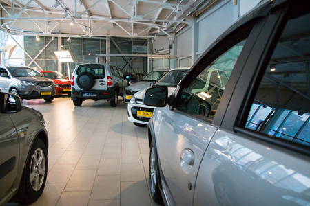 Russia, Kirov - December 06, 2016: Showroom of dealership Chevroled named Souz and car in it in...