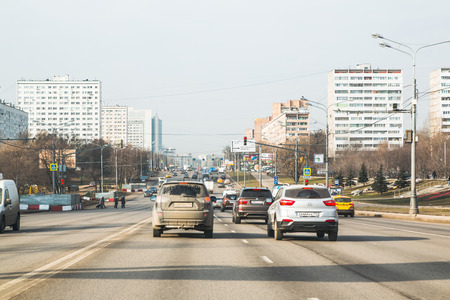 Russia, Moscow - March, 15, 2017: Cars on the street of the city through the glass of the car window in Moscow in 2017のeditorial素材