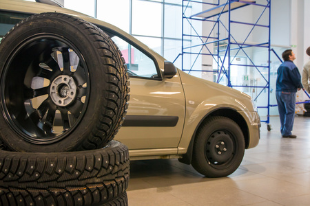 Russia, Kirov - December 05, 2016: Showroom and car Lada of dealership Gusar of factory Avtovaz in Kirov city in 2016のeditorial素材