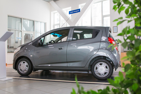 Russia, Kirov - January 01, 2017: Showroom and car of dealership Ravon in Kirov city in 2017