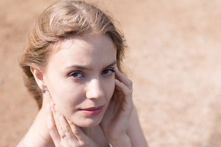 Beautiful young Russian girl in national dressの写真素材