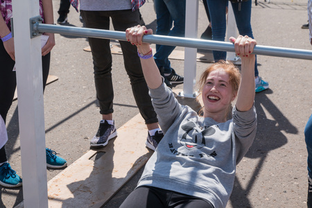 Russia, Kirov - May, 20, 2017: People during open sport training on the main square of Kirov city in...