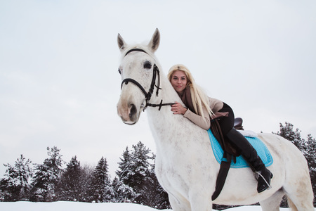 Nice girl and white horse outdoor in a winter dayの写真素材