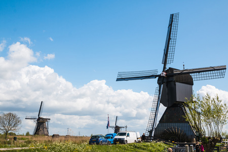 Netherlands, Kinderdijk - April, 26, 2017: Mills and water channel in Kinderdijk in 2017のeditorial素材