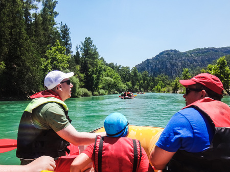 Side, Turkey - June, 25, 2017: People in boat during rafting in Side in 2017のeditorial素材