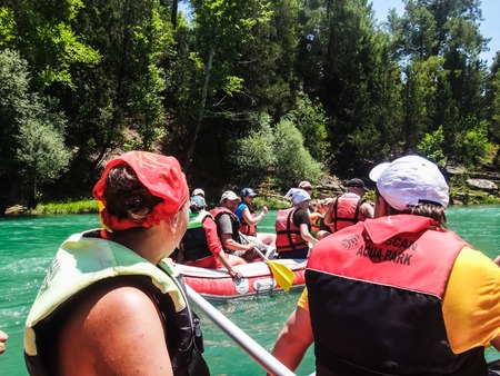 Side, Turkey - June, 25, 2017: People in boat during rafting in Side in 2017のeditorial素材
