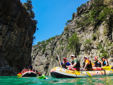 Side, Turkey - June, 25, 2017: People in boat during rafting in Side in 2017のeditorial素材