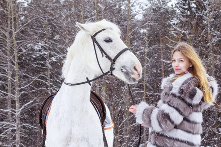 Nice girl and white horse outdoor in a winter dayの写真素材