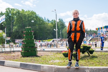 Russia, Kirov - June, 12, 2017: Presenter representing open for citizens of city automobile competition in the birthday of the city Kirov in 2017のeditorial素材