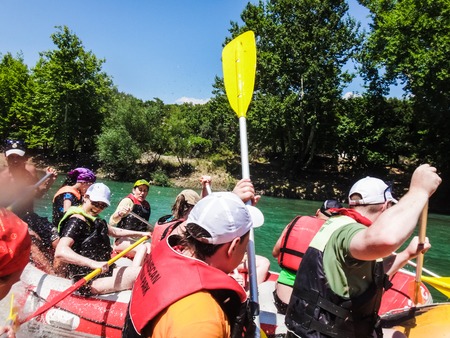 Side, Turkey - June, 25, 2017: People in boat during rafting in Side in 2017のeditorial素材