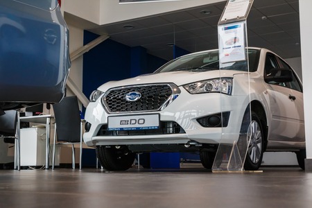 Russia, Kirov - May 16, 2017: Showroom and car Datsun of dealership Prestig avto in Kirov city in...