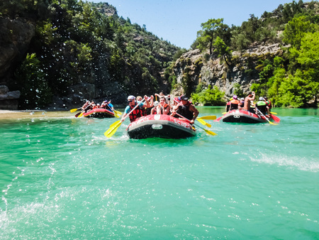 Side, Turkey - June, 25, 2017: People in boat during rafting in Side in 2017のeditorial素材