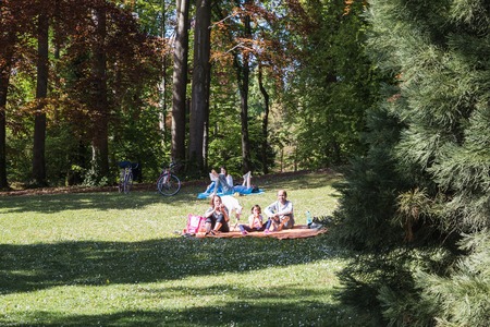 Strasbourg, France - April, 30, 2017: People in the park Orange in a sunny day in Strasbourg in 2017のeditorial素材