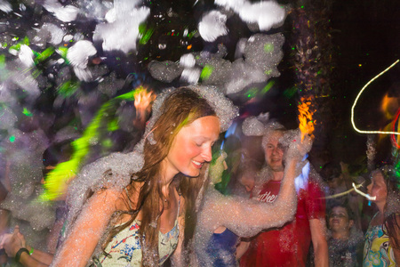 Side, Turkey - June, 25, 2017: People in a public open foam party in Side in 2017のeditorial素材