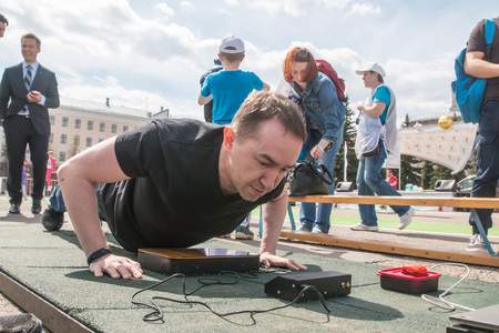 Russia, Kirov - May, 20, 2017: People during open sport training on the main square of Kirov city in...