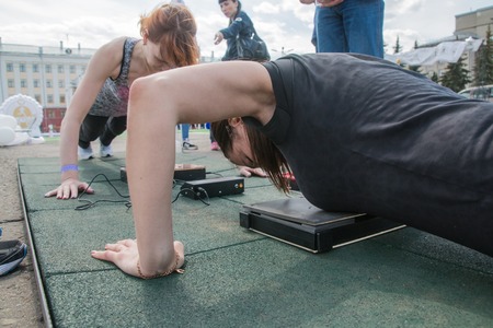 People during open sport training on the main square of Kirov ciのeditorial素材