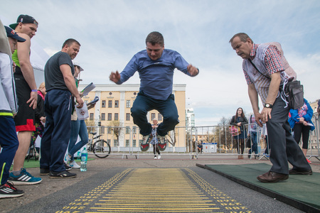 Russia, Kirov - May, 20, 2017: People during open sport training on the main square of Kirov city in...