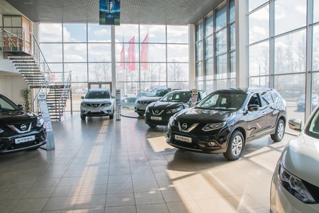 Russia, Kirov - My 15, 2017: Showroom and car of dealership Nissan in Kirov city in 2017のeditorial素材