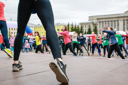 Russia, Kirov - May, 21, 2017: People during open sport training on the main square of Kirov city in...