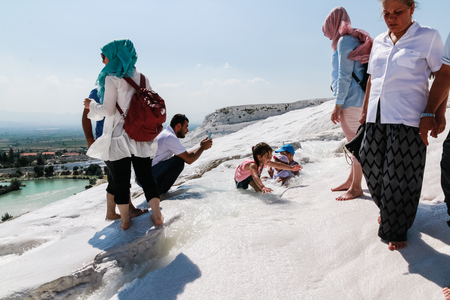 DENIZLI, TURKEY - JUNE 27, 2017: People in travertine in Pamukkale Cotton Castle  in Turkeyのeditorial素材