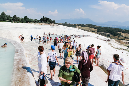 DENIZLI, TURKEY - JUNE 27, 2017: People in travertine in Pamukkale Cotton Castle  in Turkeyのeditorial素材