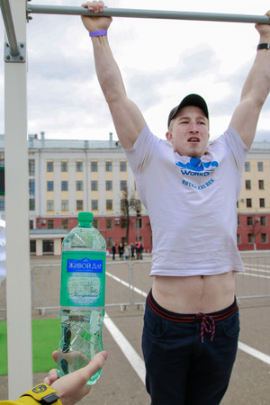 Russia, Kirov - May, 21, 2017: People during open sport training on the main square of Kirov city in...